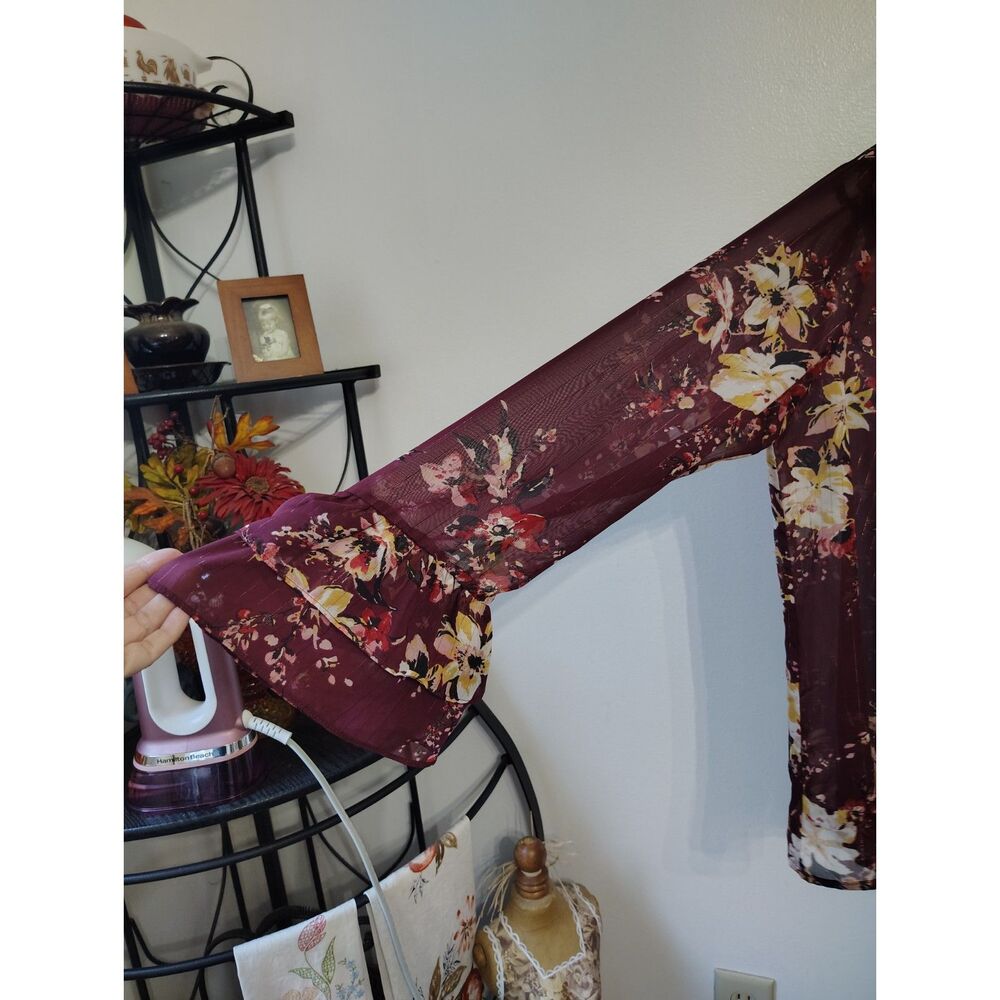 APT. 9 XL Burgundy Floral Sheer Blouse Bell Sleeve Split Neck Boho Career Top - Picture 3 of 6